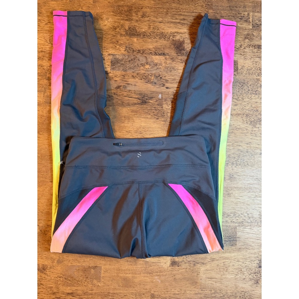 HM Sport Womens Ombre Mesh Panel Running Leggings Gray Neon Pink Yellow Medium